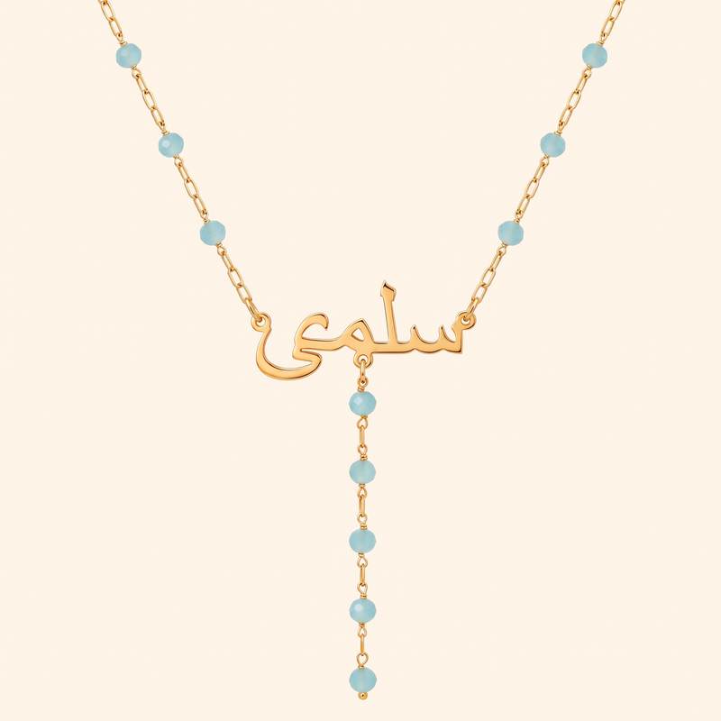 Personalised Drop Necklace, blue beads, 18k gold plated