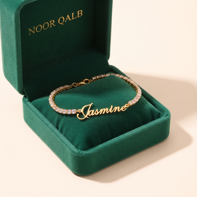 Personalized zircon name bracelet in its Noor Qalb velvet gift box