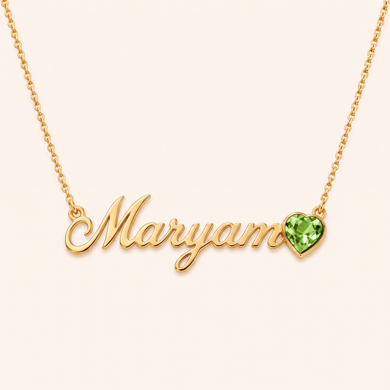 May birthstone name necklace, gold
