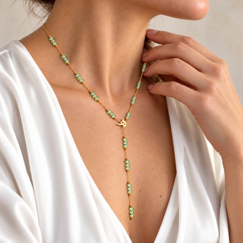 Mint crystal drop necklace worn, close detail