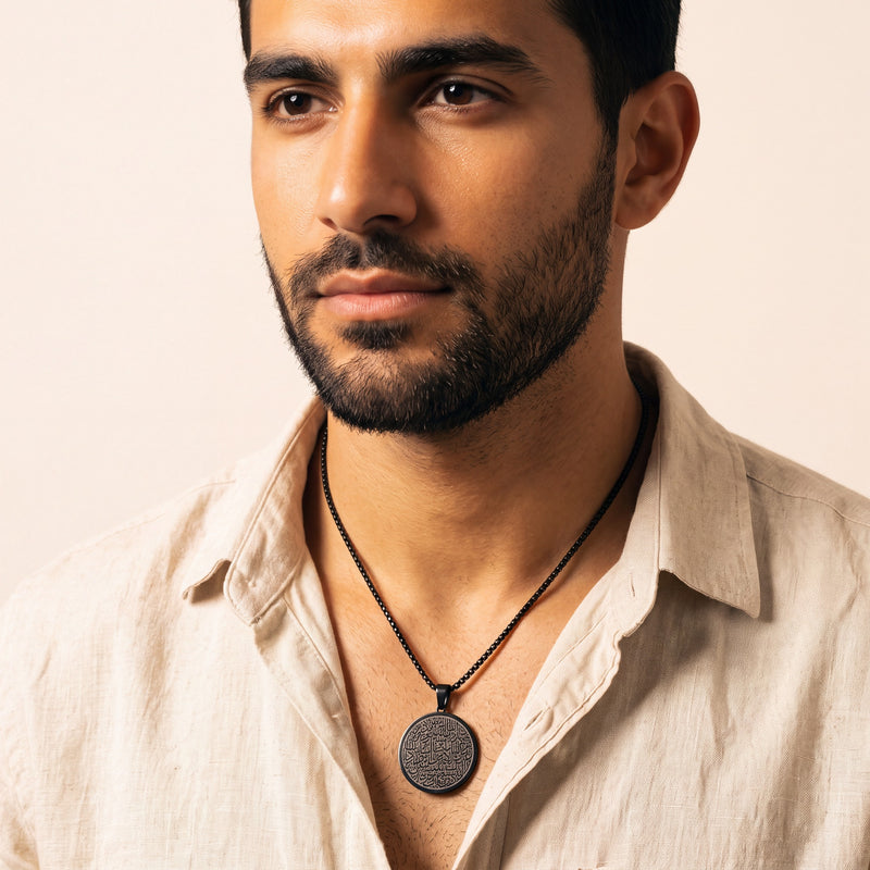 Engraved Calligraphy Necklace for men worn, black