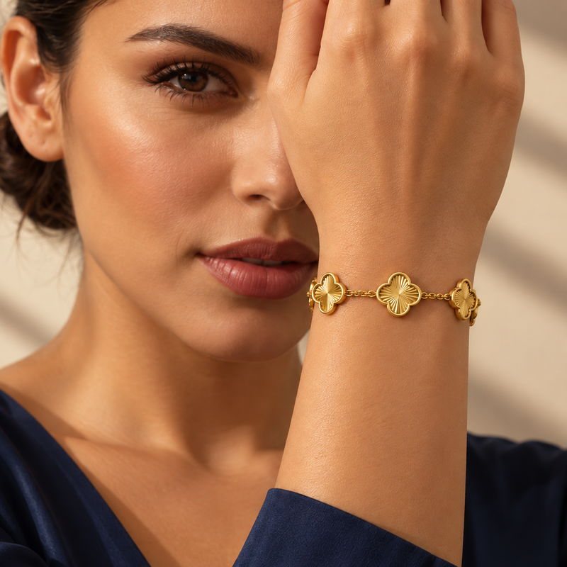 Zahra Clover Bracelet worn, gold