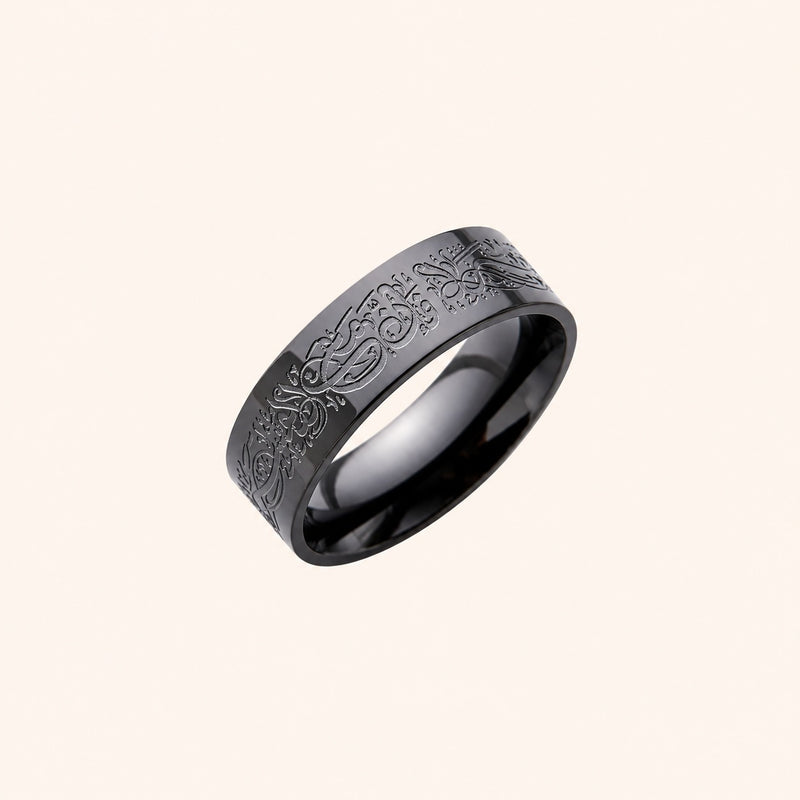 Engraved Calligraphy Band Ring in matte black gunmetal