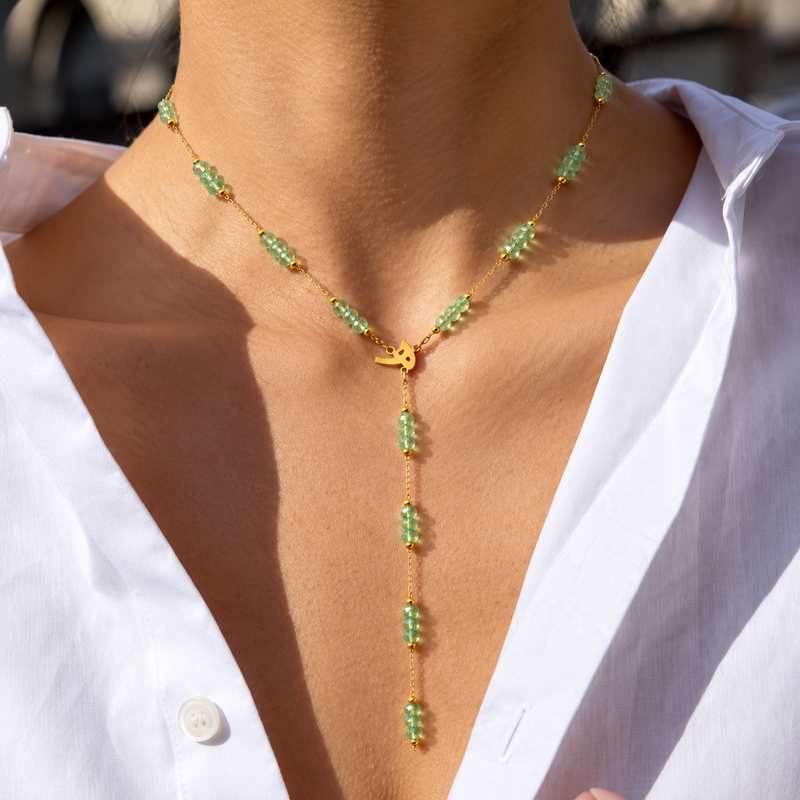 Personalised Drop Necklace worn, mint crystals