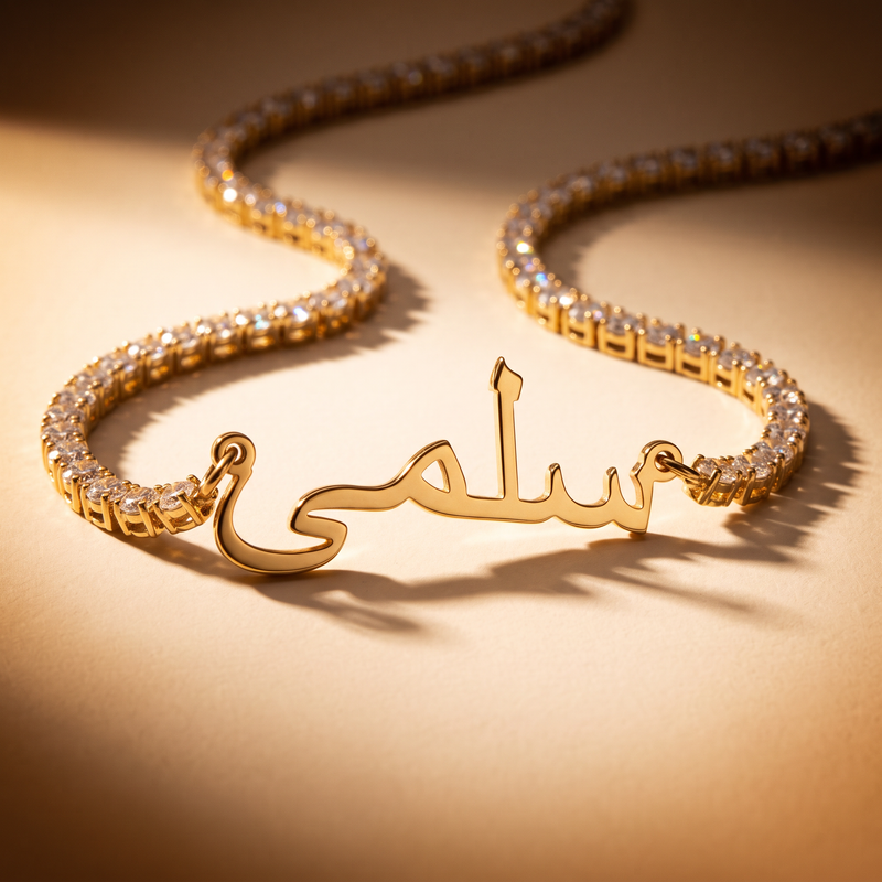 Arabic zircon name necklace, styled still life