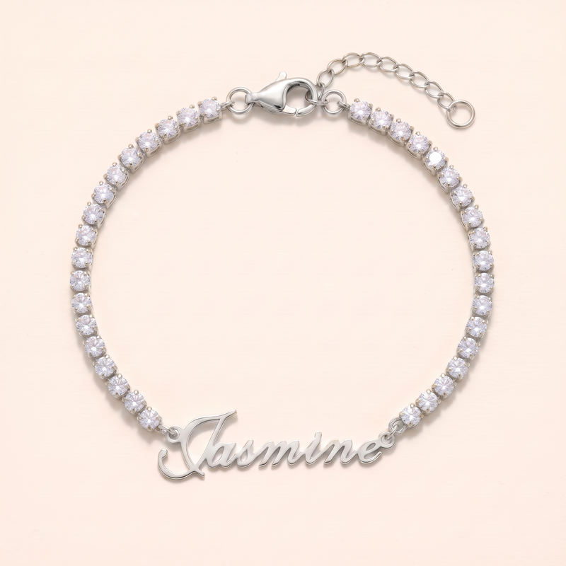 English Zircon Name Bracelet, zircon tennis chain, silver