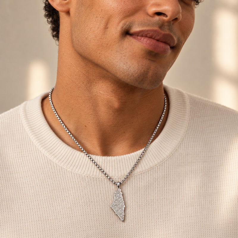 Palestine Map Necklace worn in silver