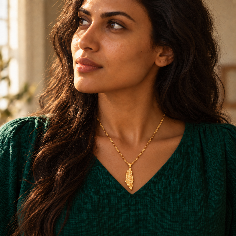 Palestine map necklace worn, gold pendant on an emerald neckline