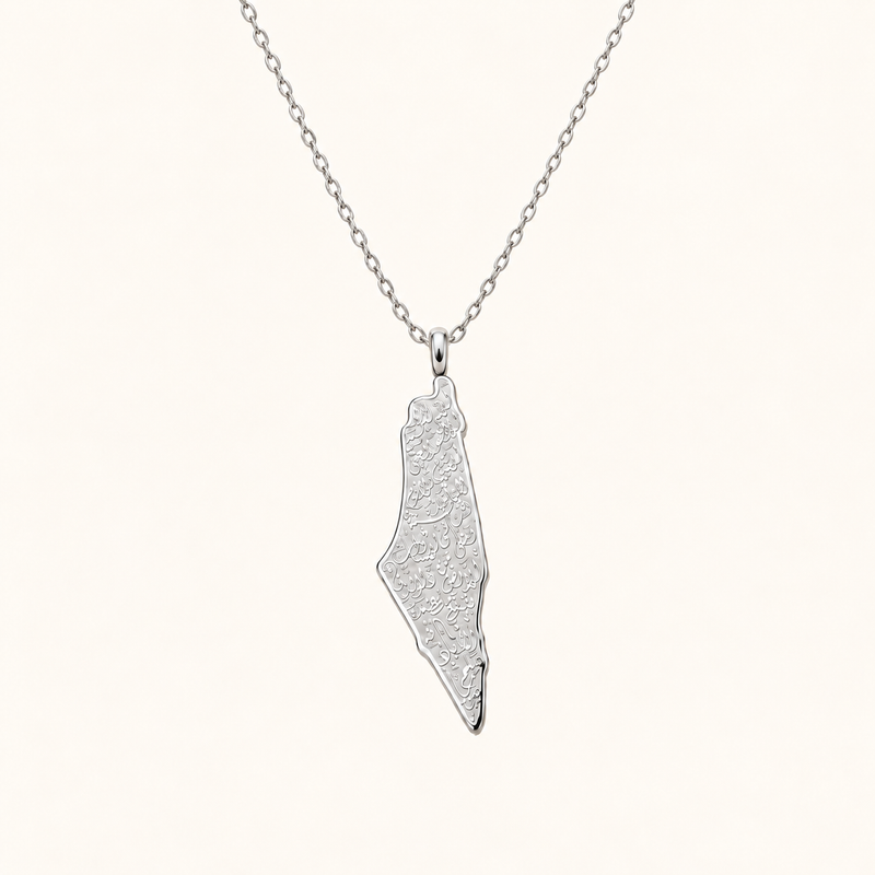 Palestine map necklace, polished silver engraved pendant on a fine chain