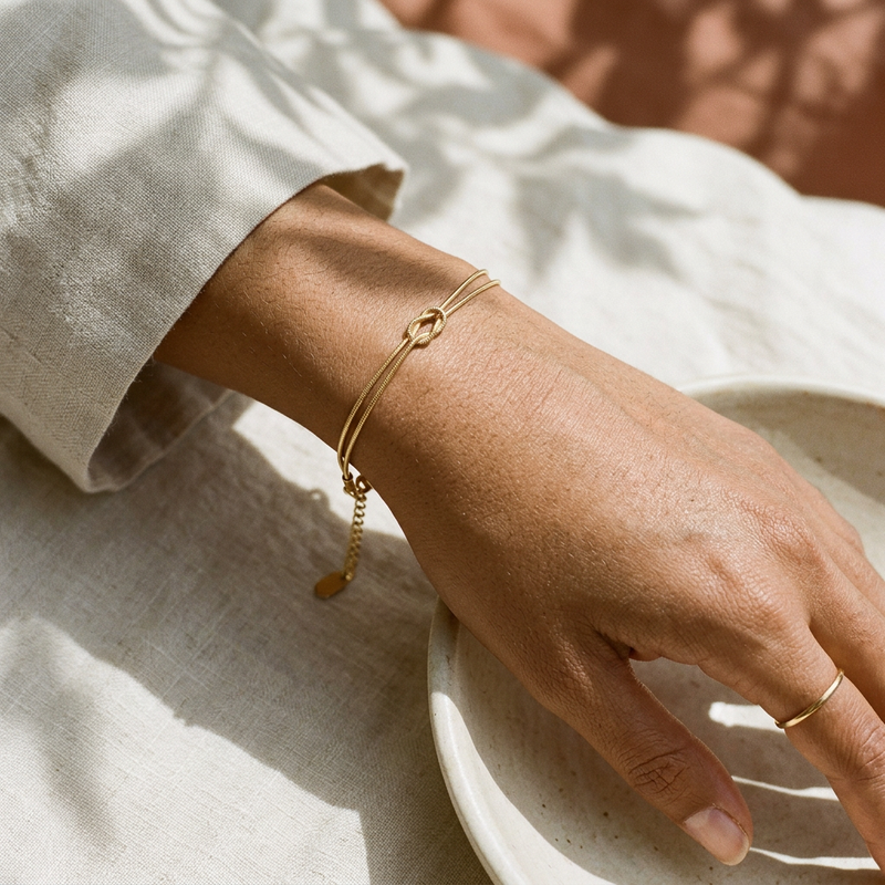 Wisal Knot Bracelet worn on the wrist - Gold finish