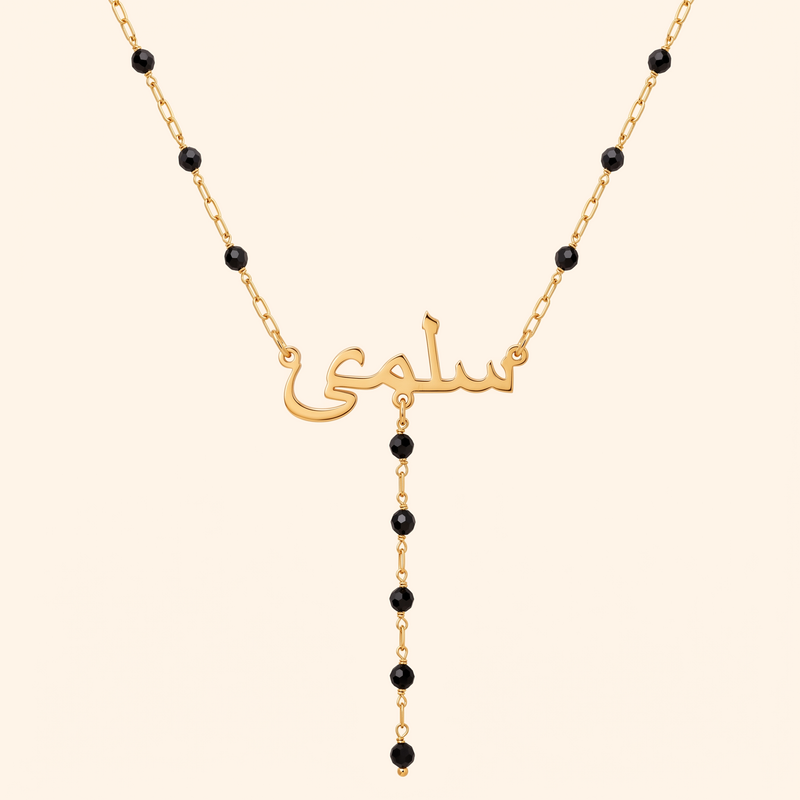 Personalised Drop Necklace, black beads, 18k gold plated