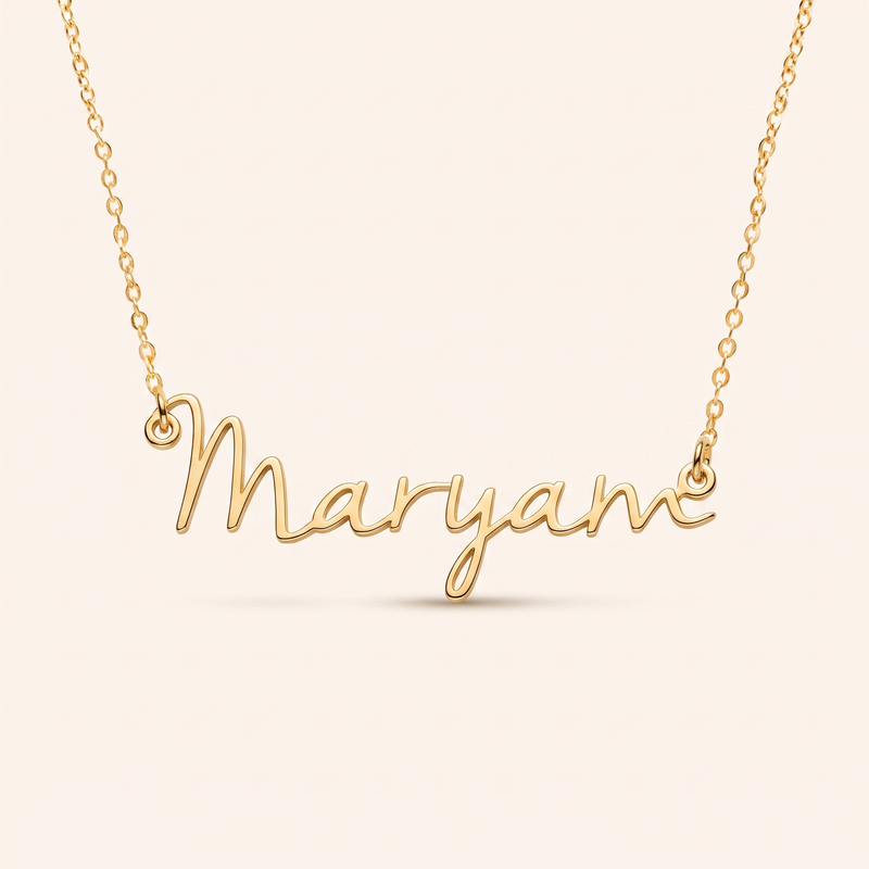 English Signature Name Necklace, handwritten script, 18K gold
