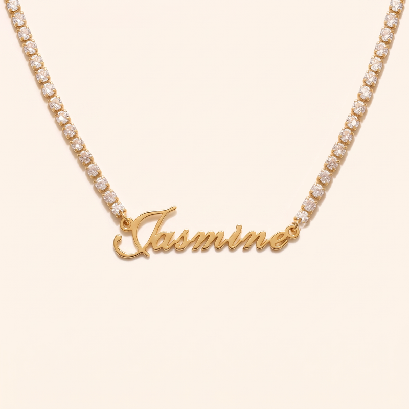 English Zircon Name Necklace, zircon tennis chain, 18K gold