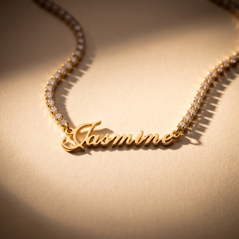 Zircon name necklace, styled still life