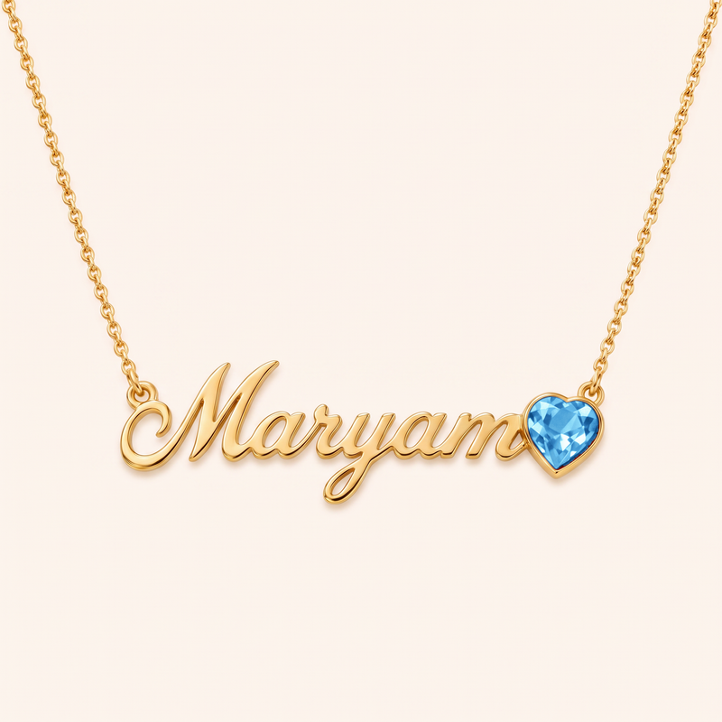 December birthstone name necklace, gold