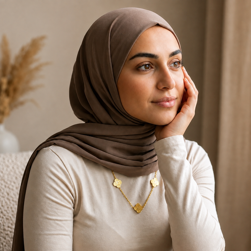 Rawdat Al-Qalb Trio Necklace worn, gold