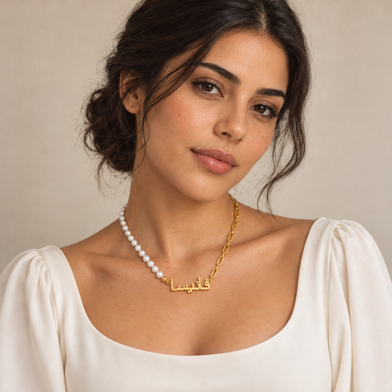 Pearl and paperclip name necklace worn, 18K gold