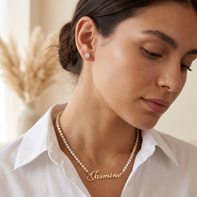 Zircon name necklace worn, close detail of the nameplate