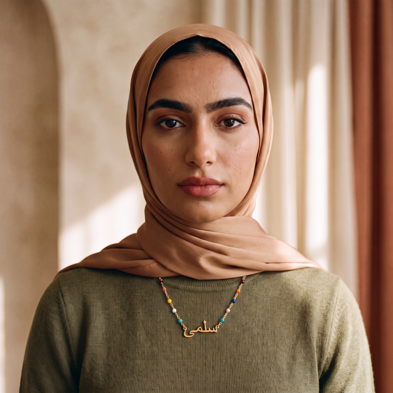 Custom Name Necklace worn at the throat, beaded chain
