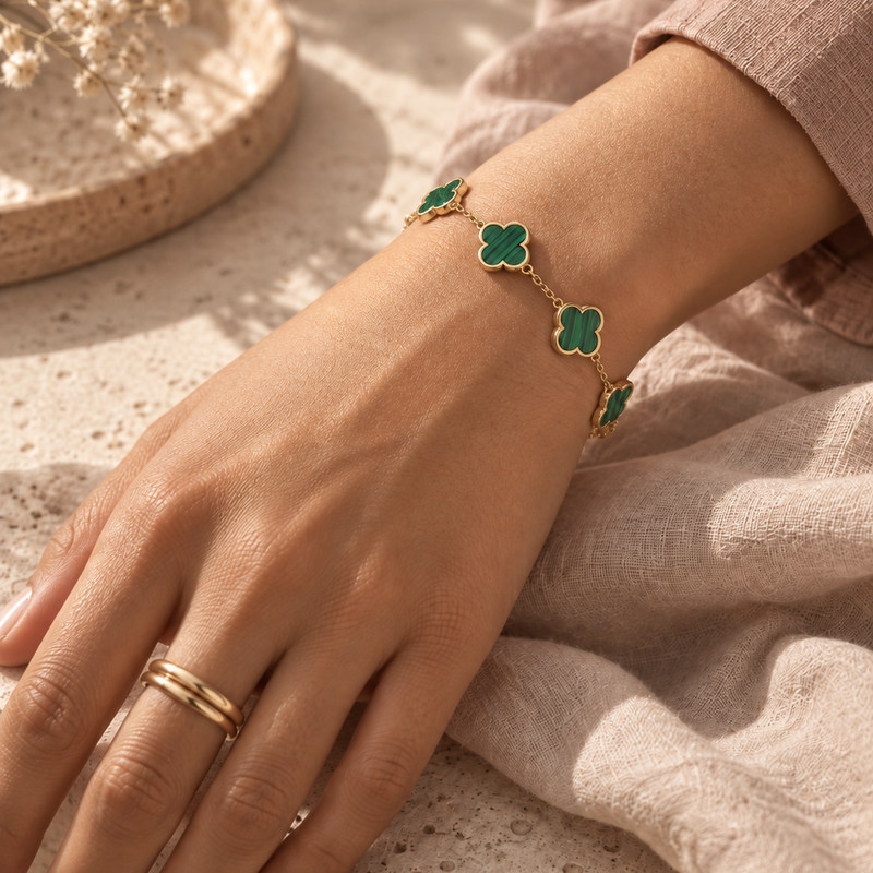 Zahra Clover Bracelet worn, malachite