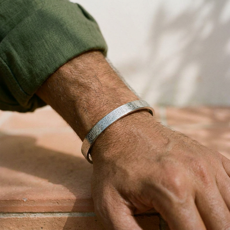 Ayatul Kursi Cuff for men worn on the wrist - Silver finish