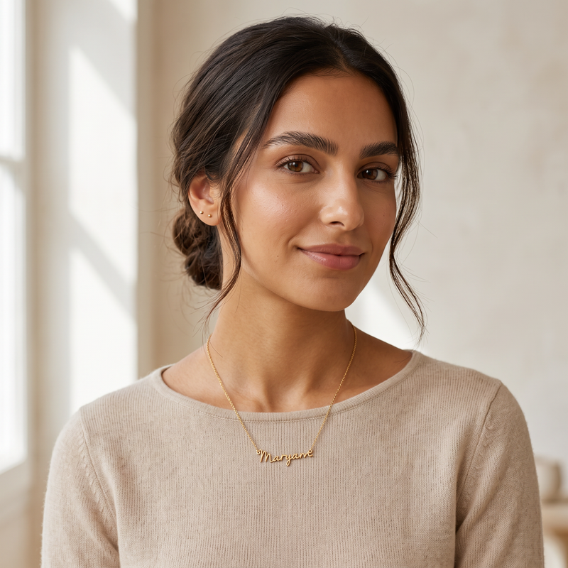 Signature name necklace worn, front view