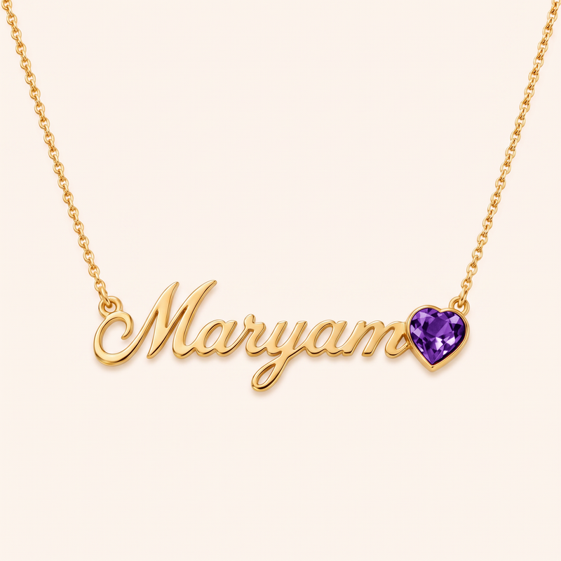 February birthstone name necklace, gold