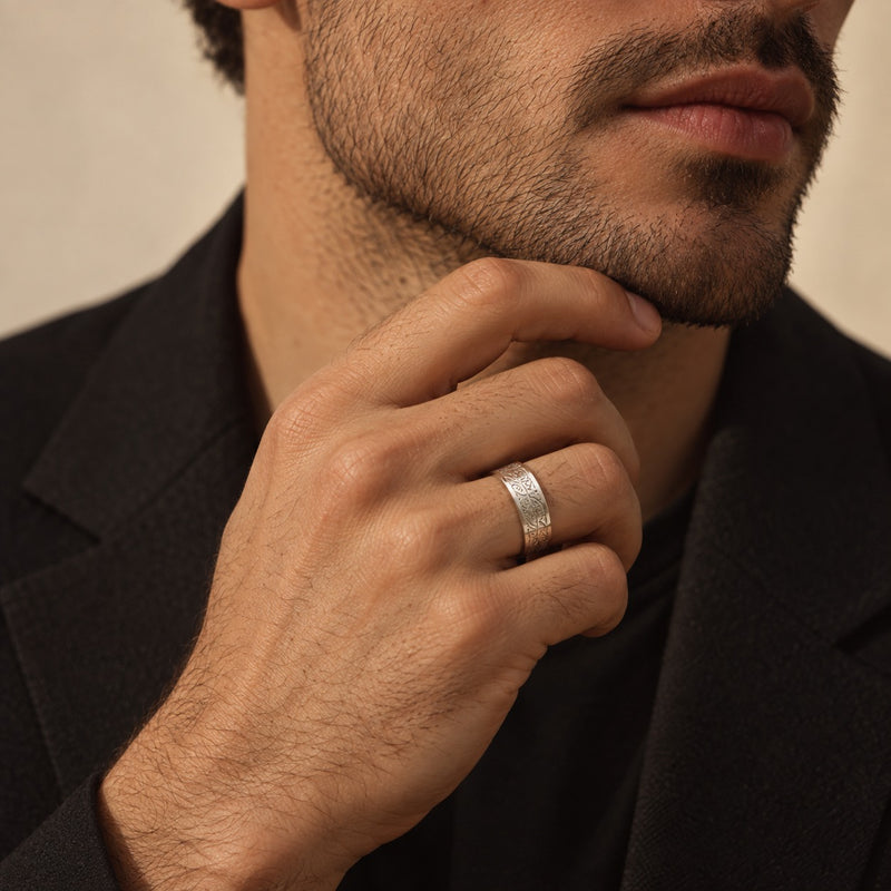 Engraved Calligraphy Band Ring worn in silver