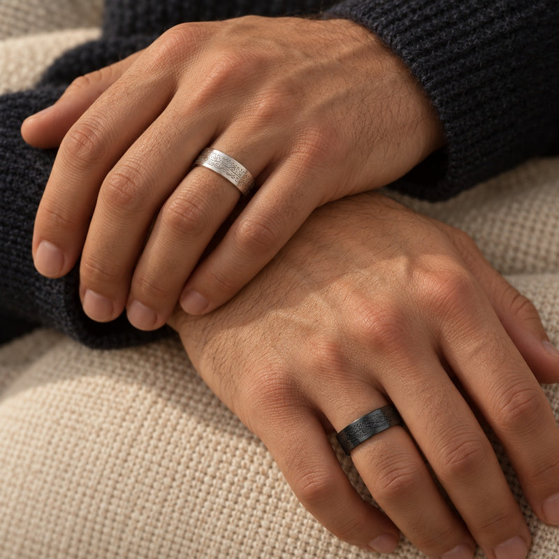 Engraved Calligraphy Band Ring worn - silver and black