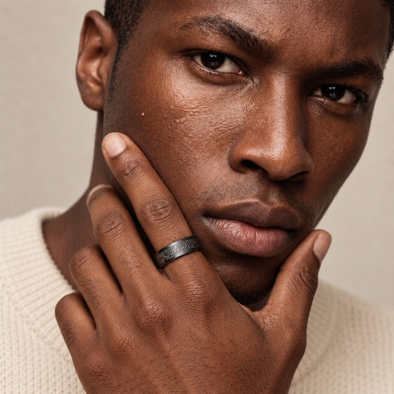 Engraved Calligraphy Band Ring worn in black