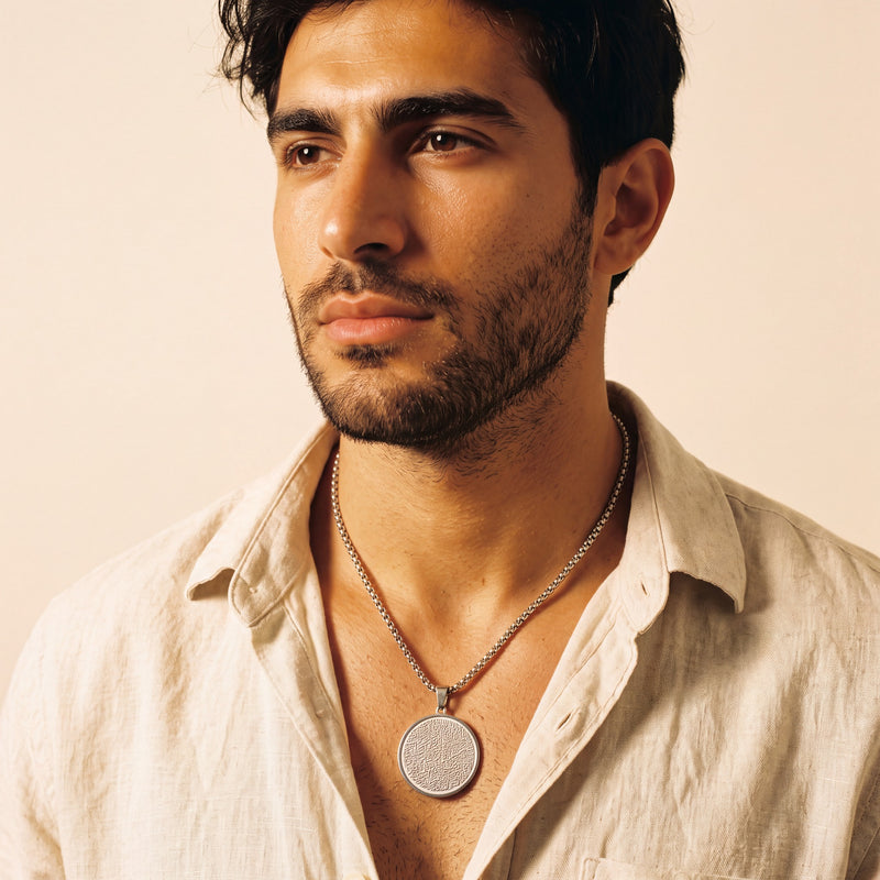 Engraved Calligraphy Necklace for men worn, silver, portrait