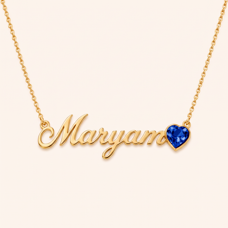 September birthstone name necklace, gold