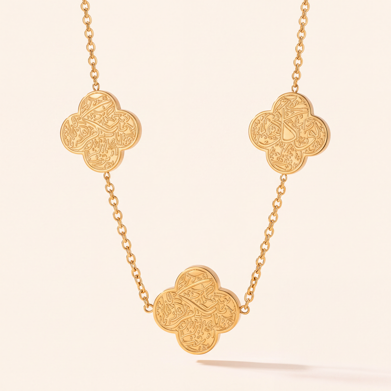 Rawdat Al-Qalb Trio Necklace, gold, three engraved clovers