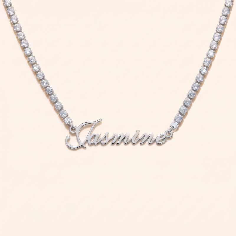 English Zircon Name Necklace, zircon tennis chain, silver