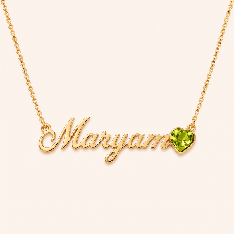 August birthstone name necklace, gold