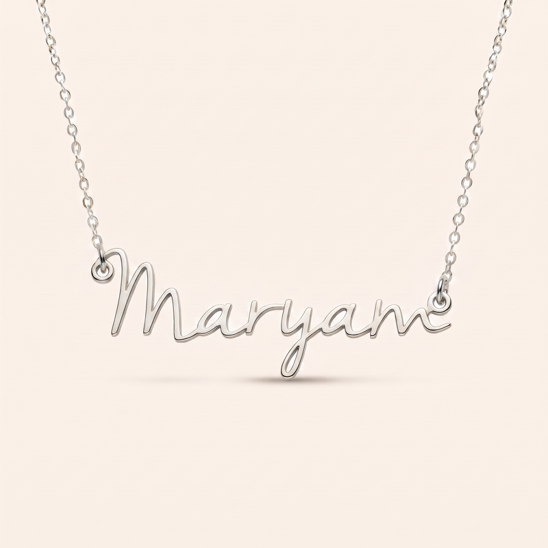 English Signature Name Necklace, handwritten script, silver