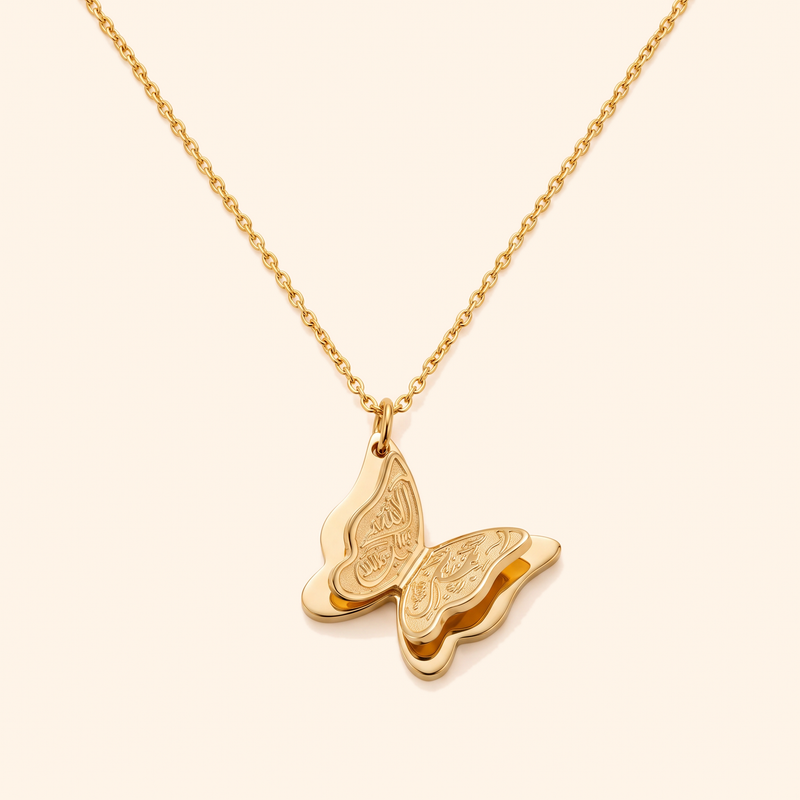 Farasha Necklace - gold butterfly pendant with Arabic calligraphy