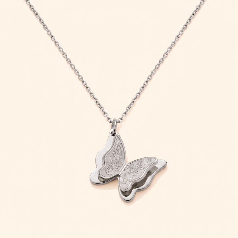 Farasha Necklace - silver butterfly pendant with Arabic calligraphy