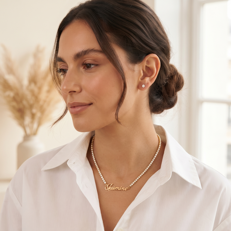 Personalised zircon name necklace worn, profile