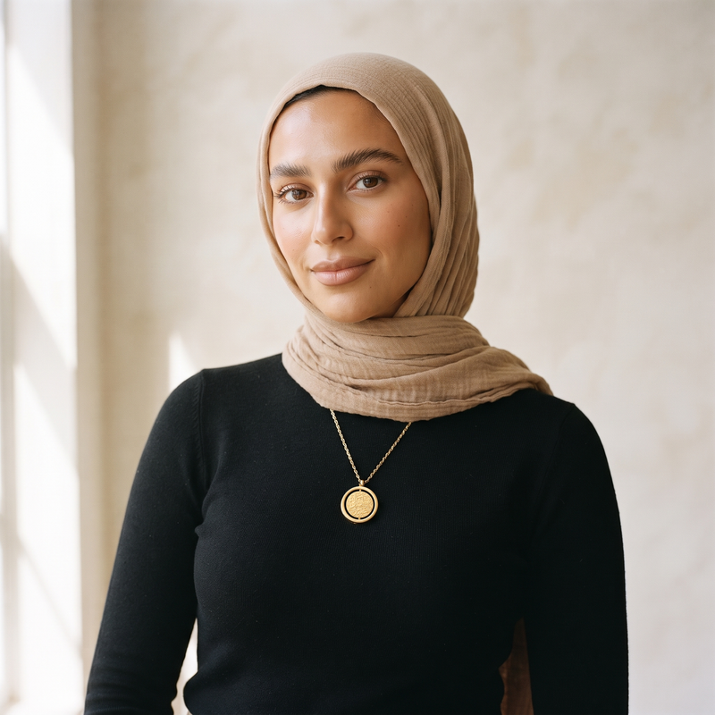 Gold Noor spinning pendant worn with a headscarf over a black top