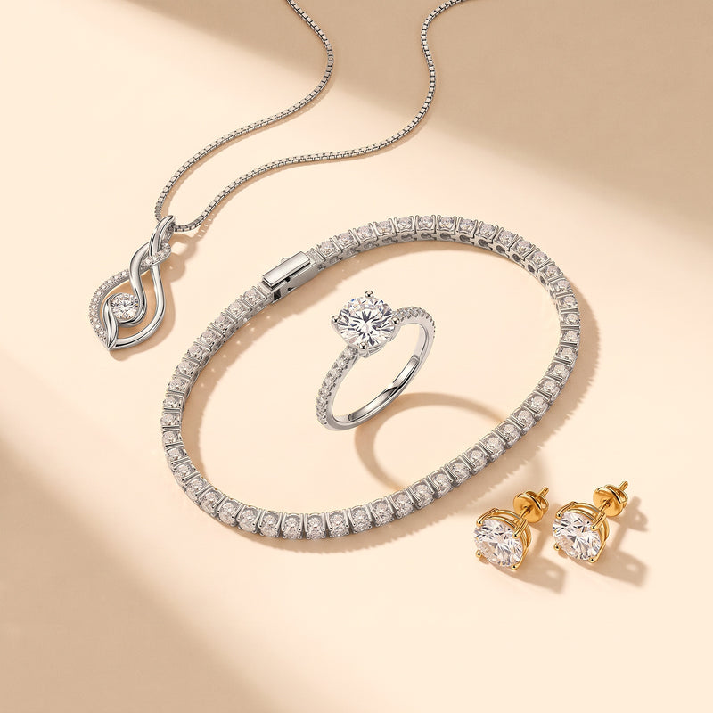 The Noor Moissanite Set in silver - silver tennis bracelet, solitaire ring and Diya Al-Noor pendant with 18K gold studs