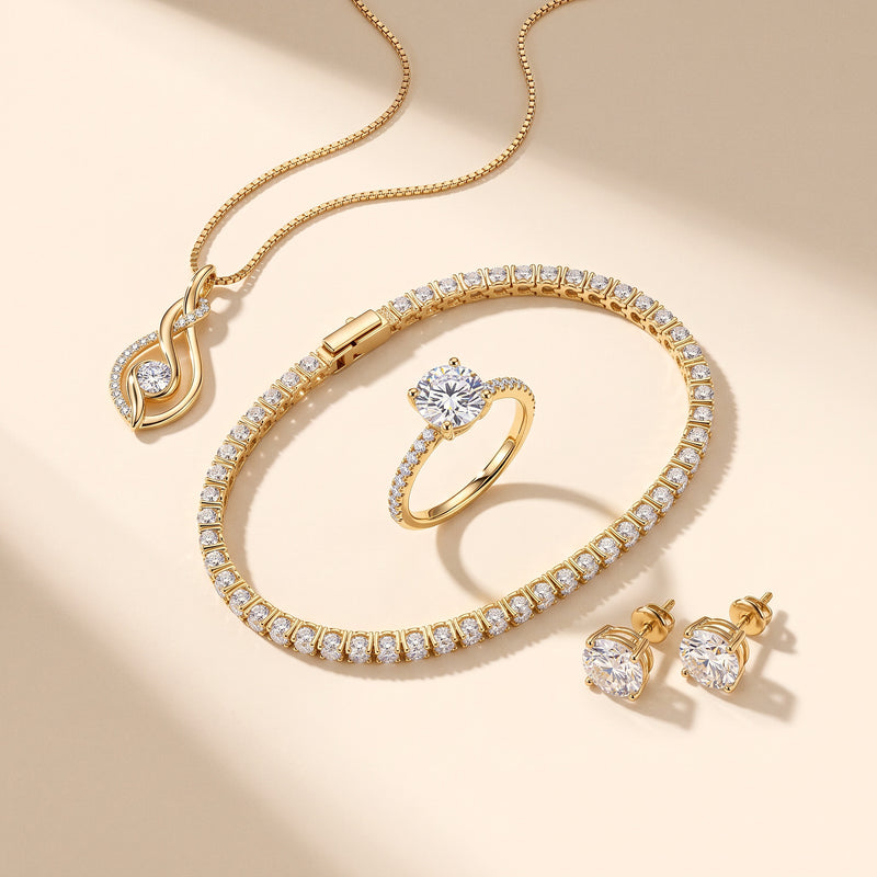 The Noor Moissanite Set - tennis bracelet, solitaire ring, stud earrings and Diya Al-Noor pendant in 18K gold