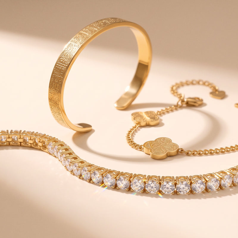 Moissanite tennis bracelet close-up with the Ayatul Kursi cuff and clover bracelet