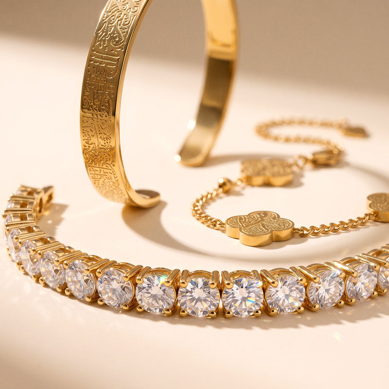 Moissanite tennis bracelet and engraved Ayatul Kursi cuff in gold