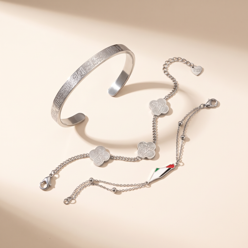 The Noor Signature Stack - three bracelets in polished silver