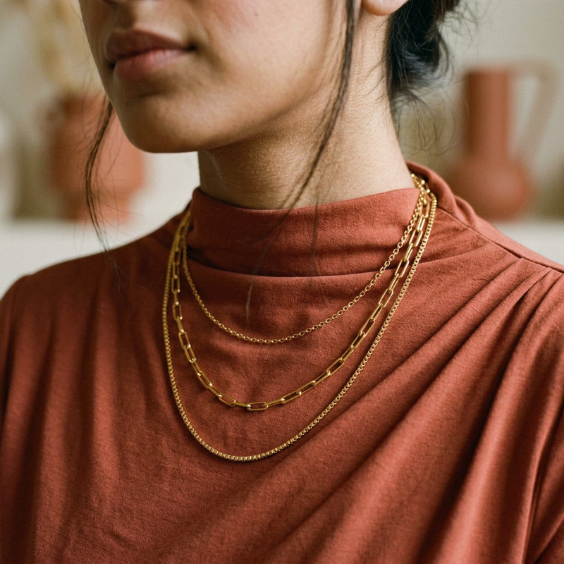 Noor Trio Layered Chain worn, three-quarter