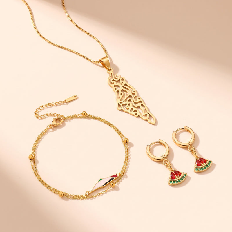 Palestine Essentials - calligraphy map necklace, map bracelet and watermelon hoops in 18K gold