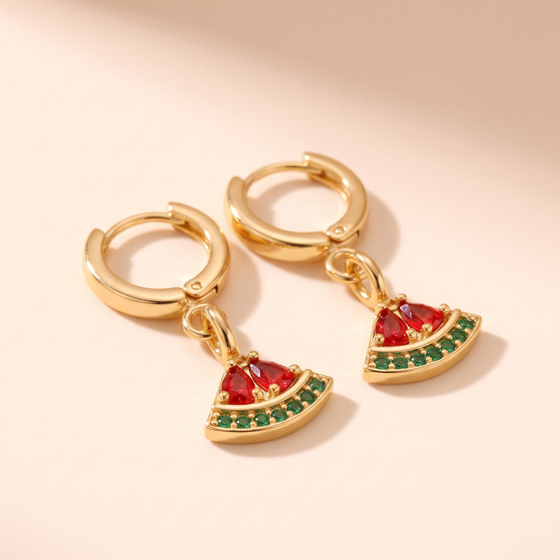 Watermelon Hoops - red and green stones on a gold huggie hoop