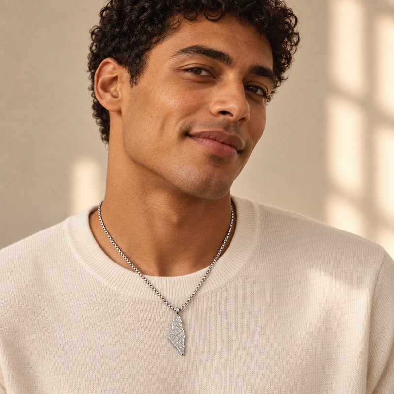 Palestine Map Necklace worn, silver on a cream knit