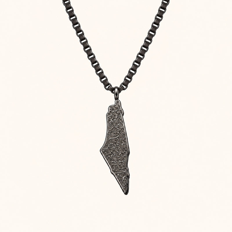 Palestine Map Necklace in matte black gunmetal on a box chain